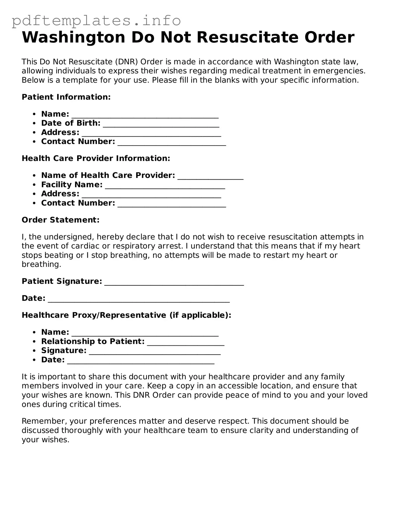 Blank Do Not Resuscitate Order Form for Washington State