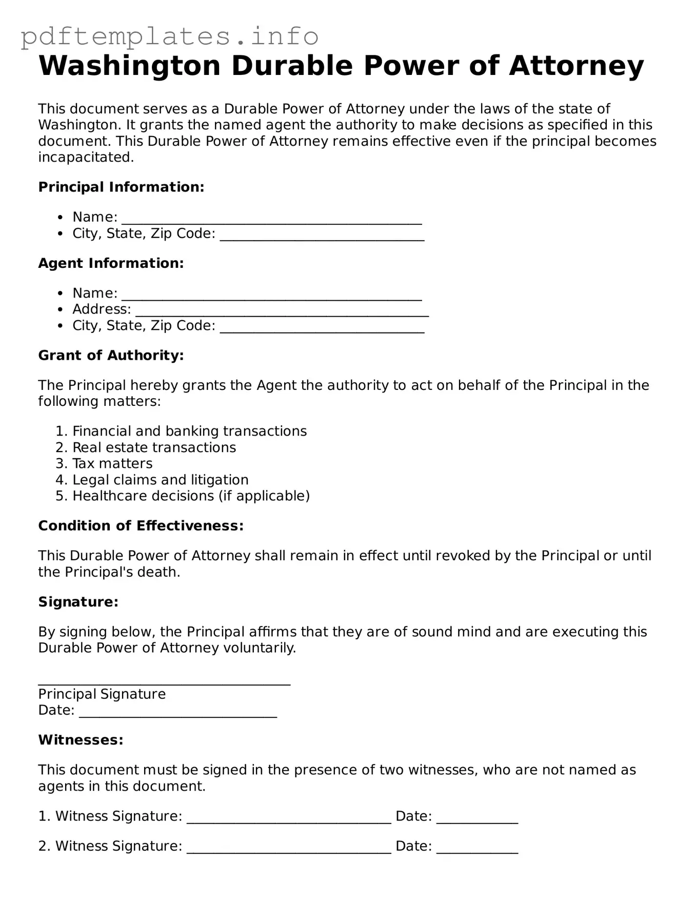 Blank Durable Power of Attorney Form for Washington State