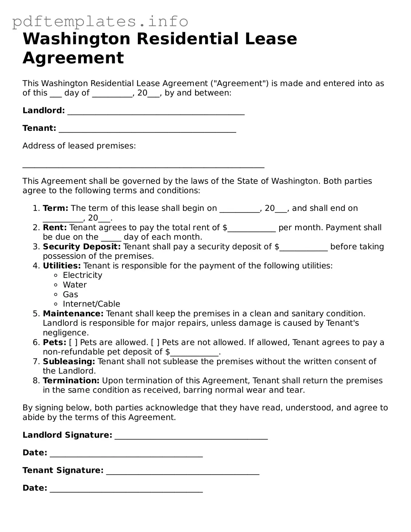 Blank Residential Lease Agreement Form for Washington State