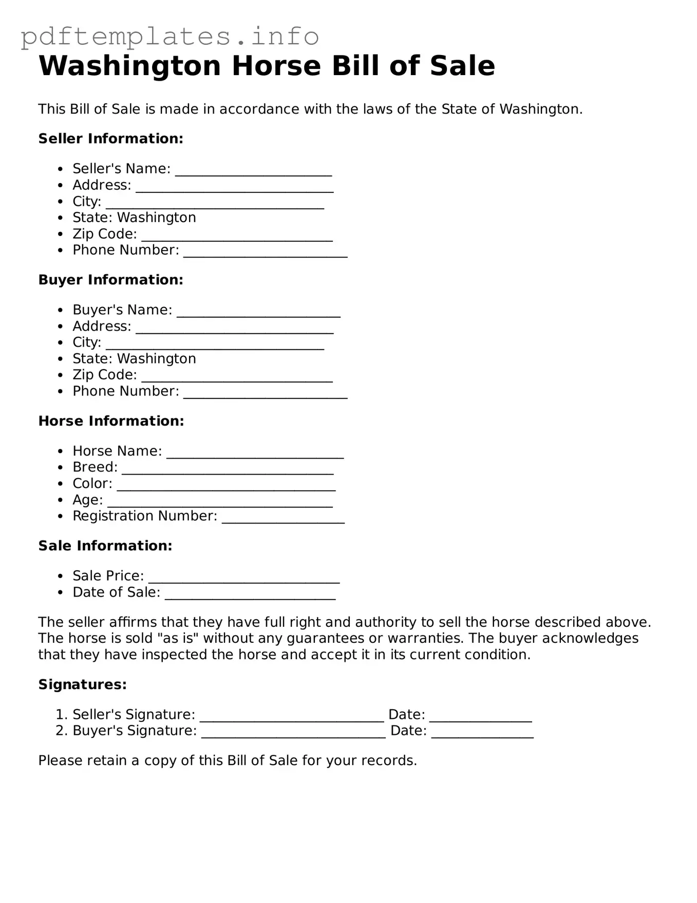 Blank Horse Bill of Sale Form for Washington State