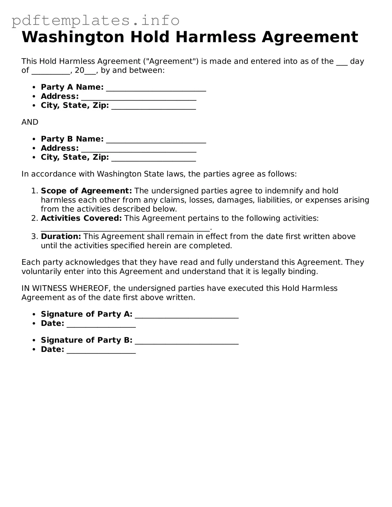 Blank Hold Harmless Agreement Form for Washington State