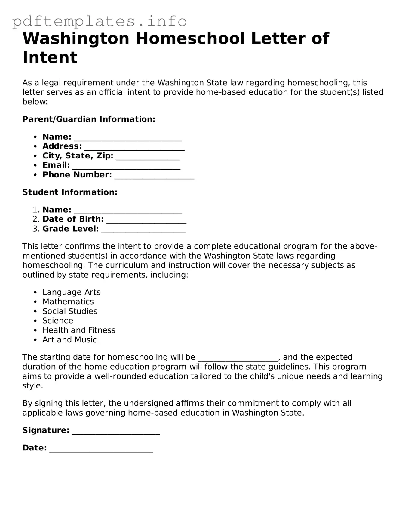 Blank Homeschool Letter of Intent Form for Washington State