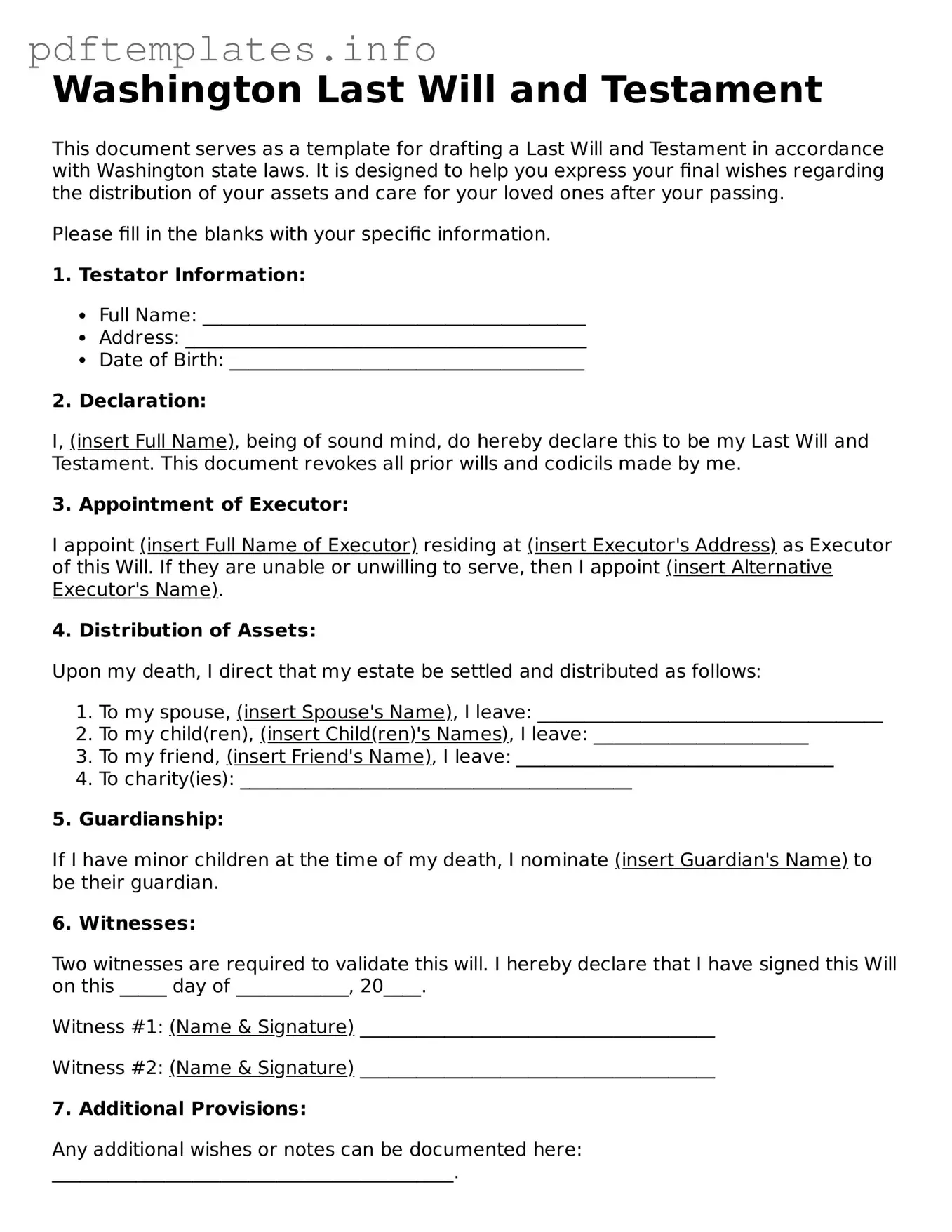 Blank Last Will and Testament Form for Washington State