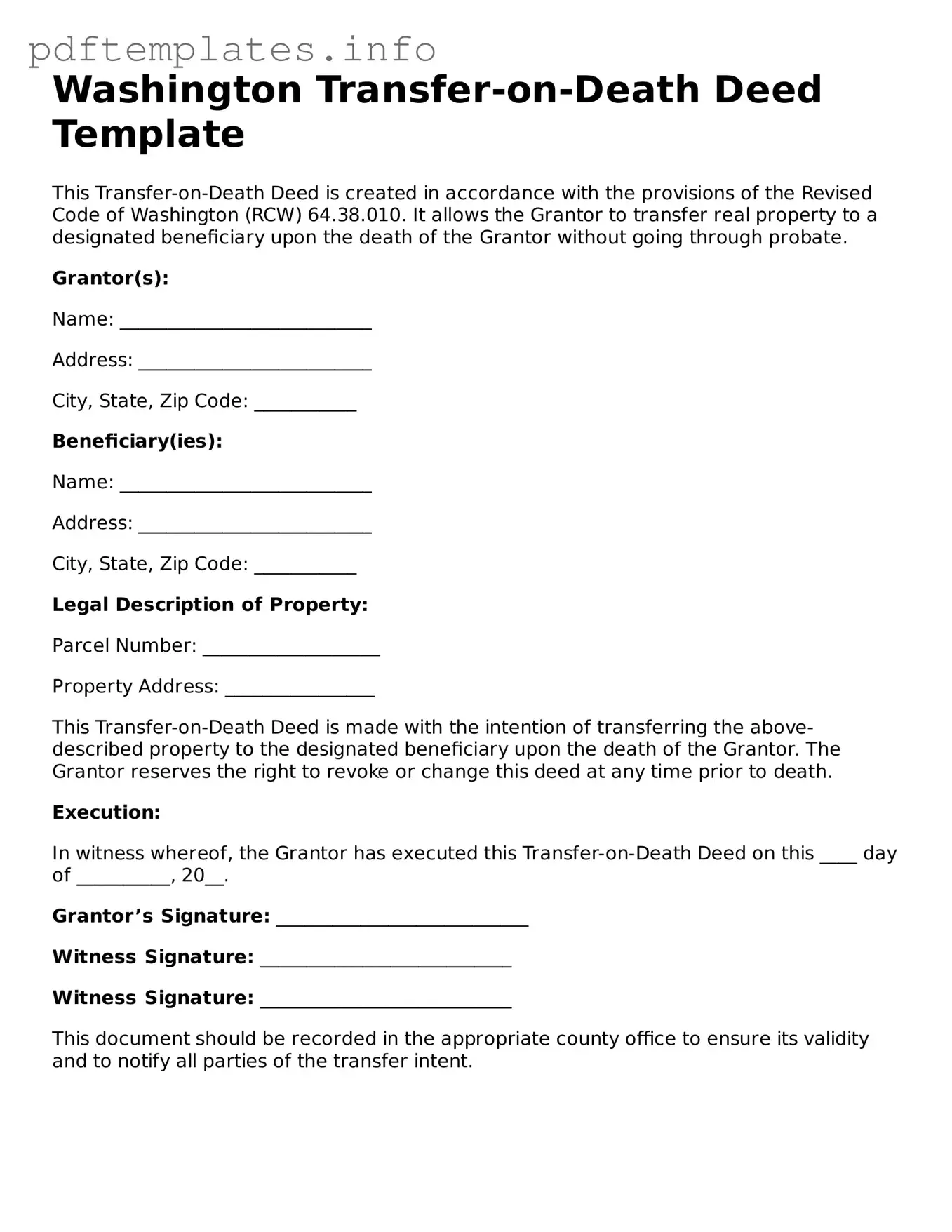 Blank Transfer-on-Death Deed Form for Washington State