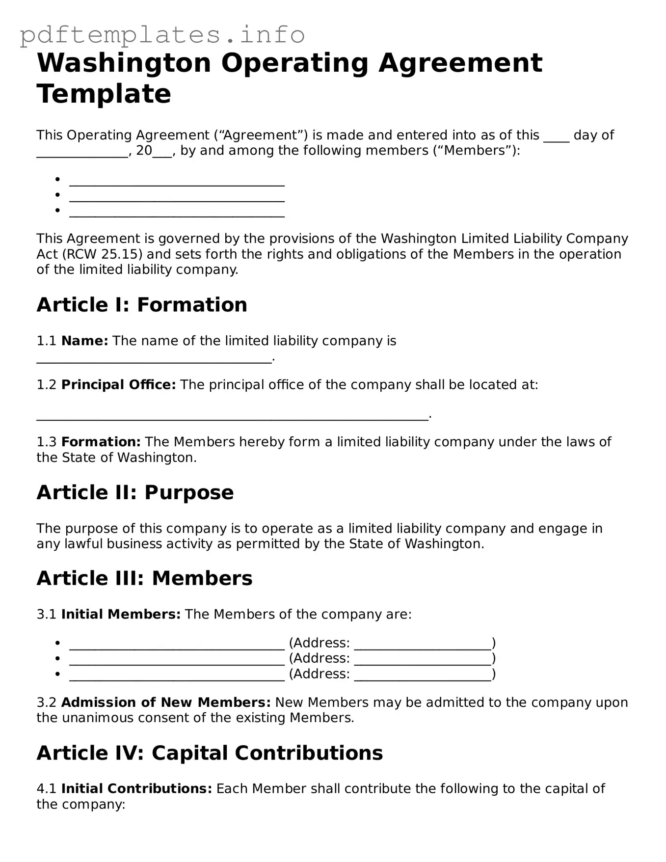 Blank Operating Agreement Form for Washington State