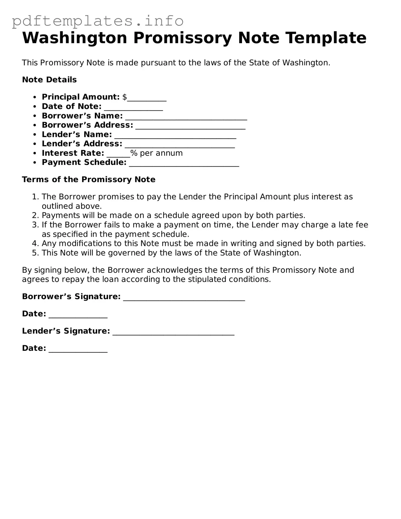 Blank Promissory Note Form for Washington State