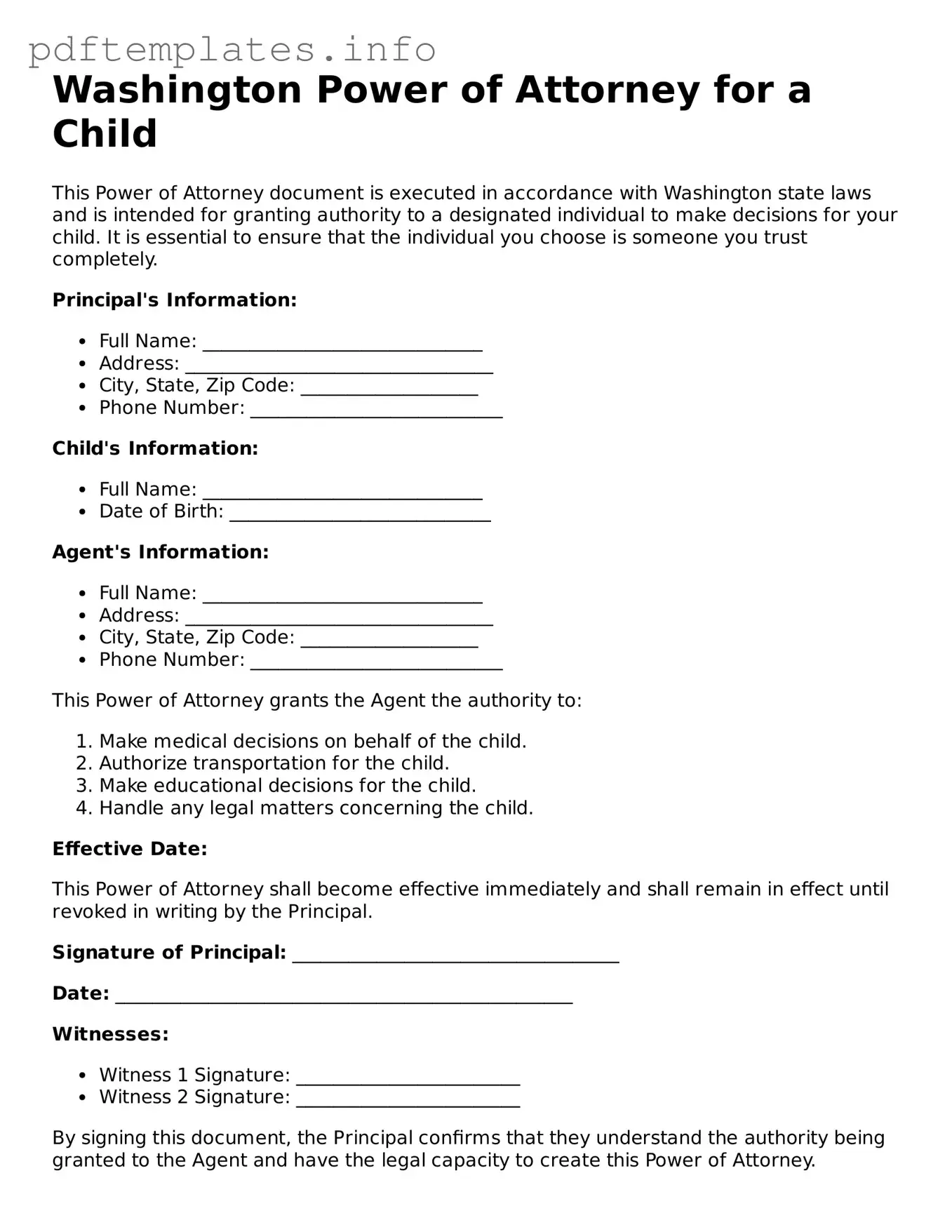 Blank Power of Attorney for a Child Form for Washington State