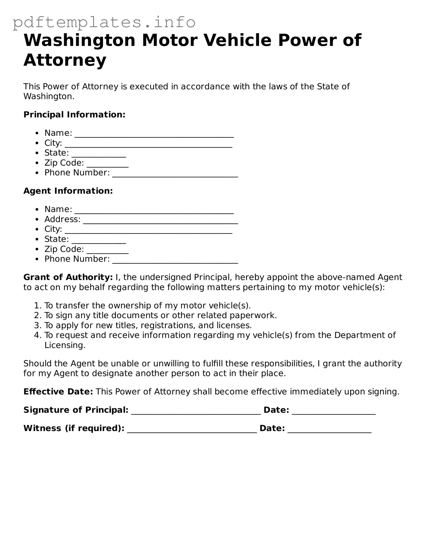 Blank Motor Vehicle Power of Attorney Form for Washington State