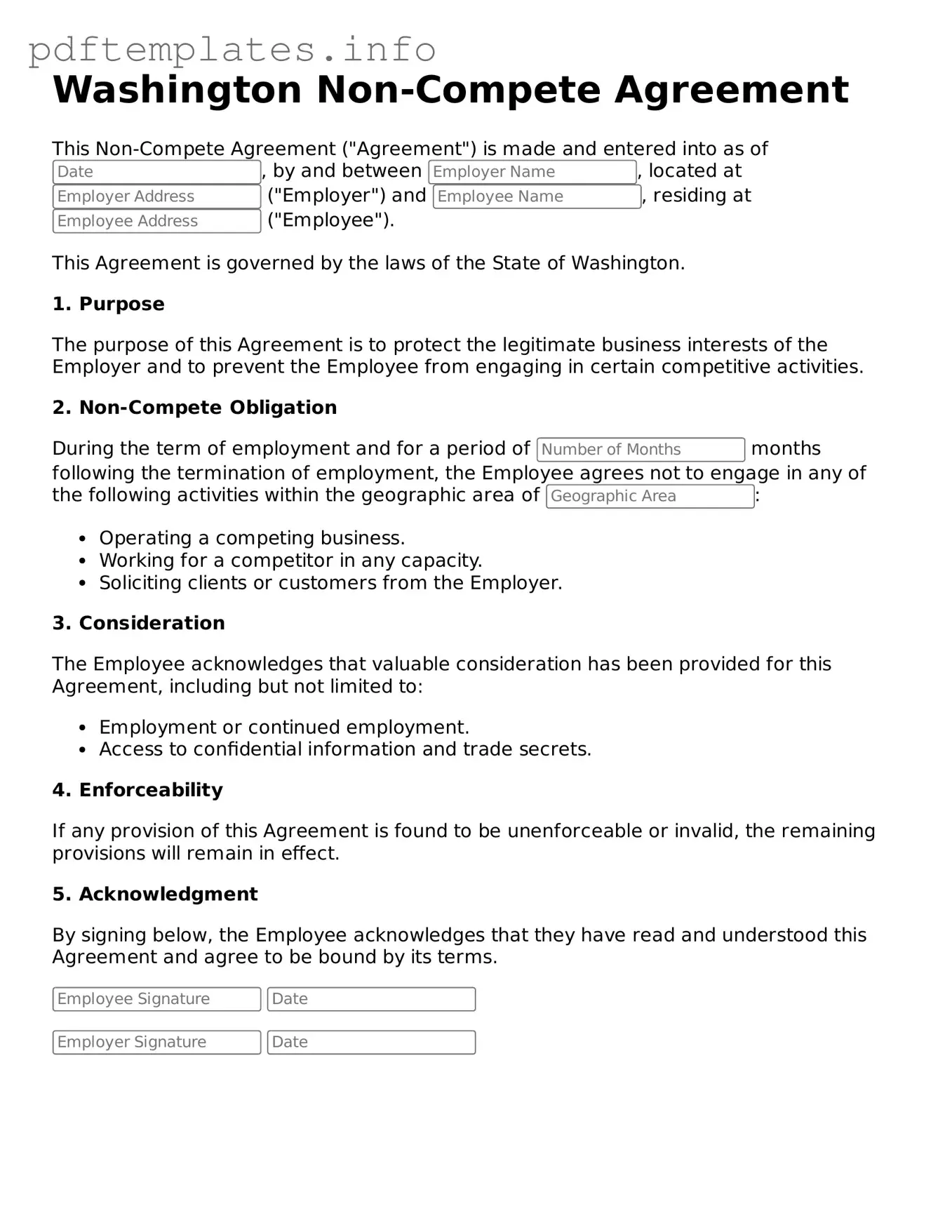 Blank Non-compete Agreement Form for Washington State