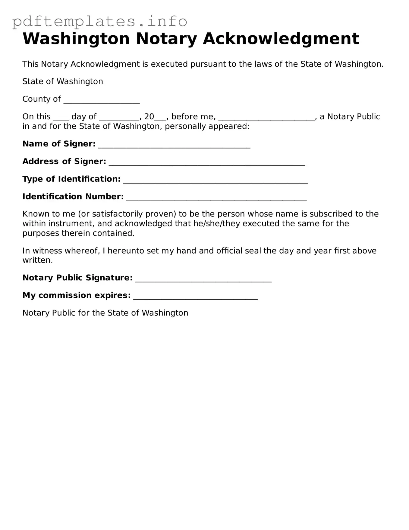 Blank Notary Acknowledgement Form for Washington State