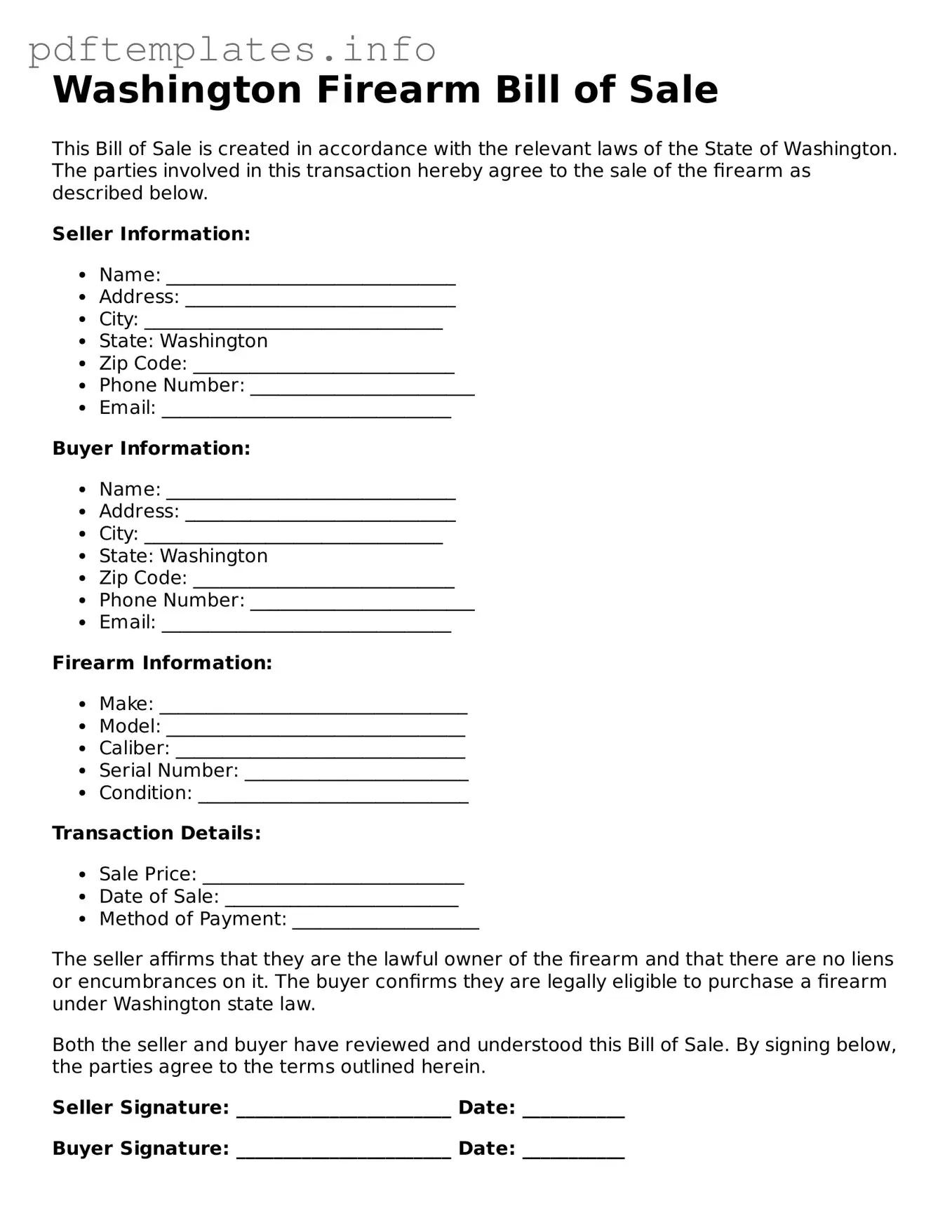 Blank Firearm Bill of Sale Form for Washington State