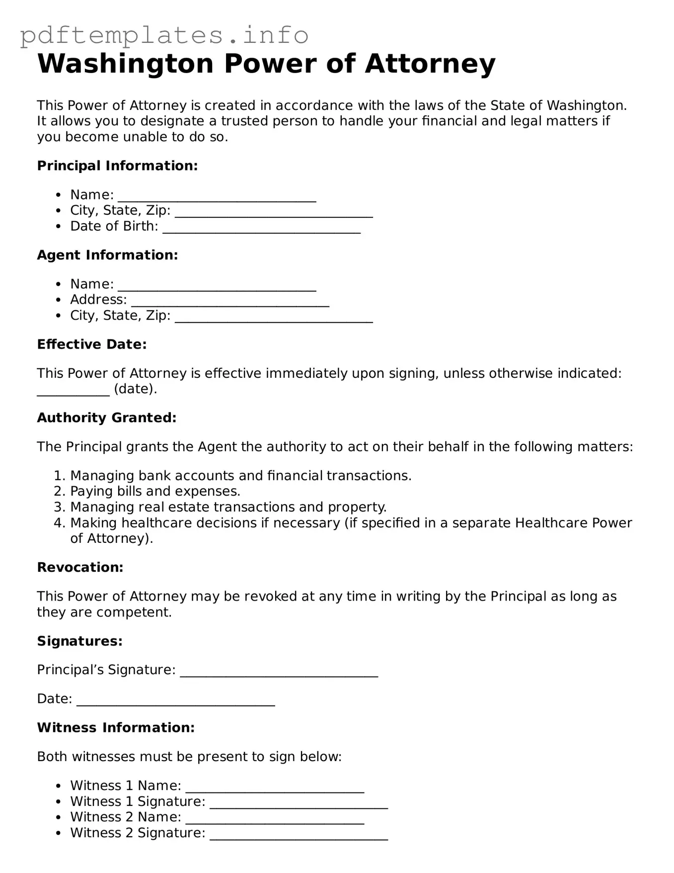 Blank Power of Attorney Form for Washington State