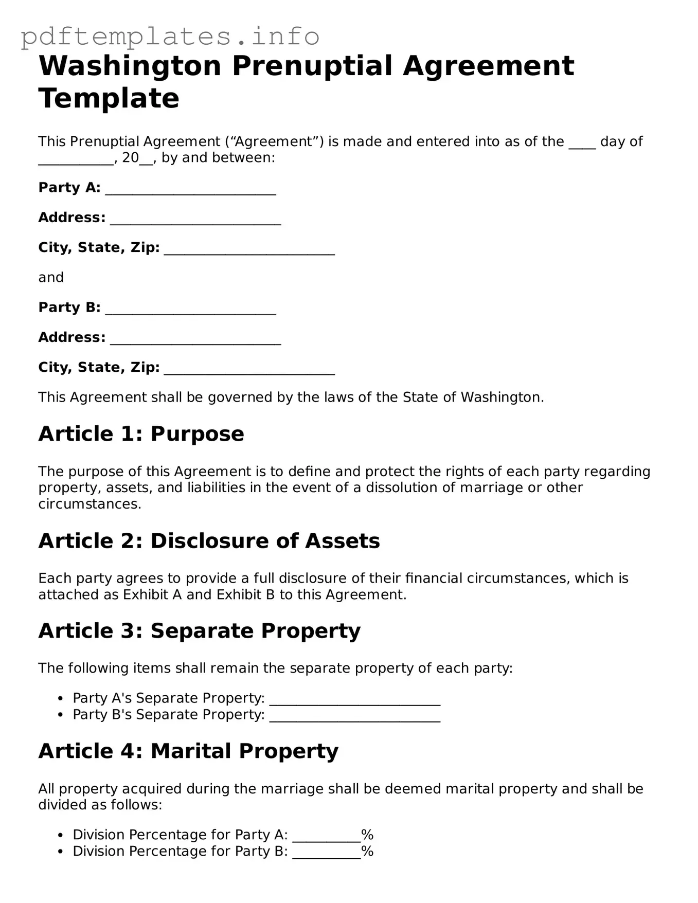 Blank Prenuptial Agreement Form for Washington State