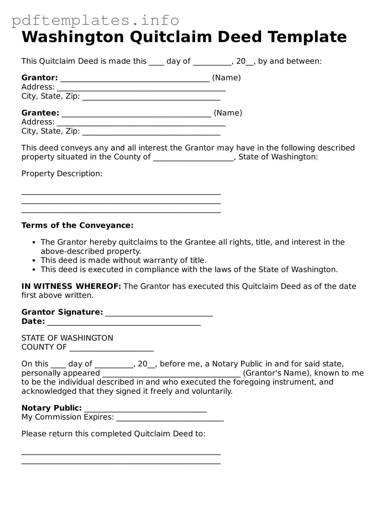 Blank Quitclaim Deed Form for Washington State