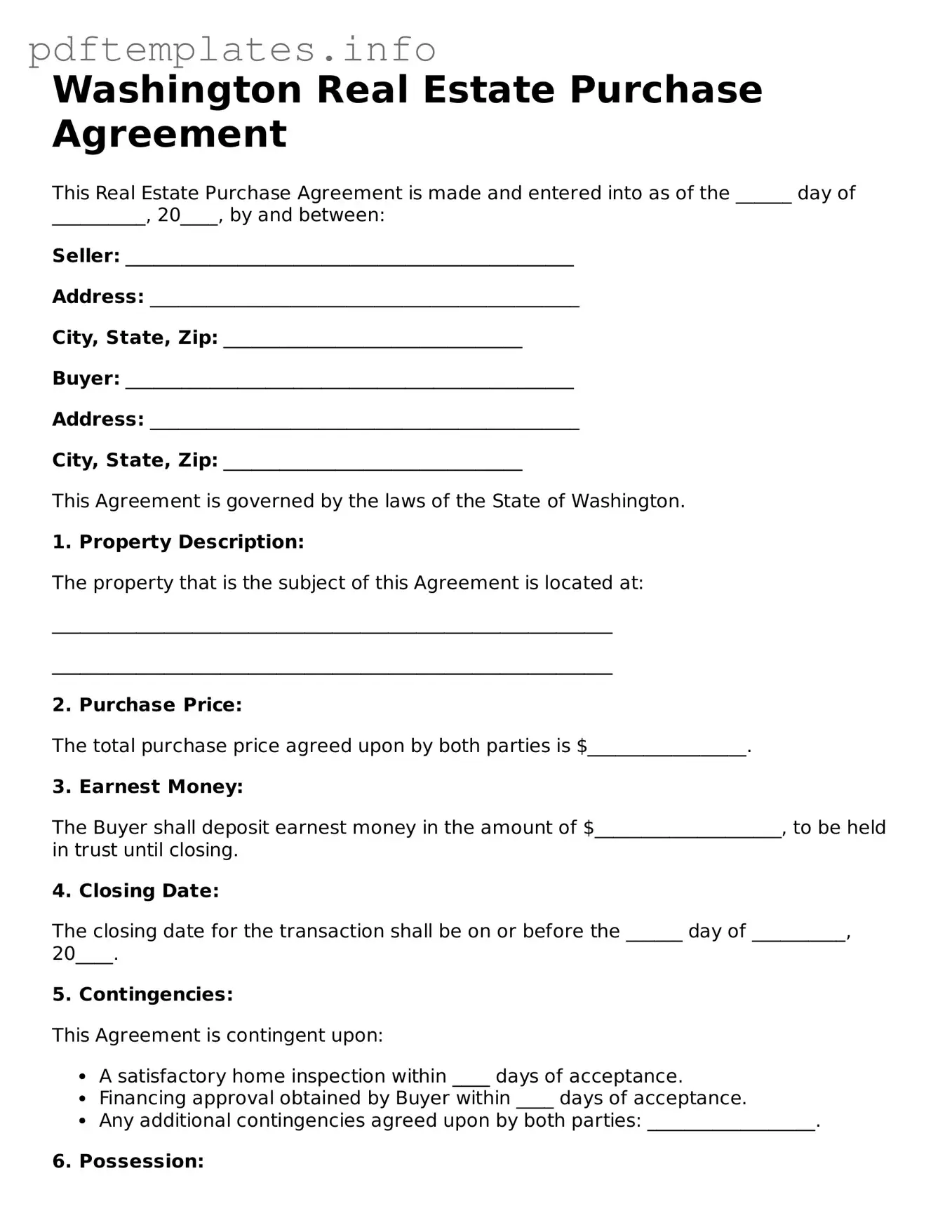 Blank Real Estate Purchase Agreement Form for Washington State