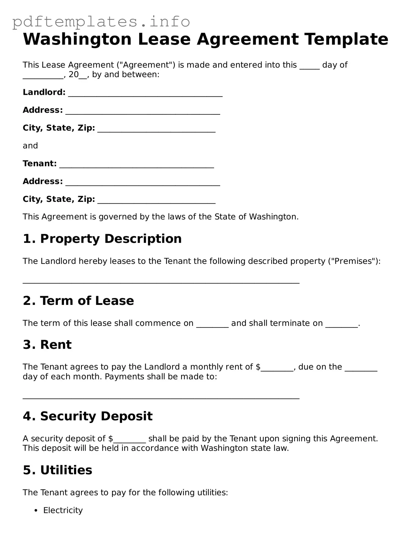 Blank Lease Agreement Form for Washington State