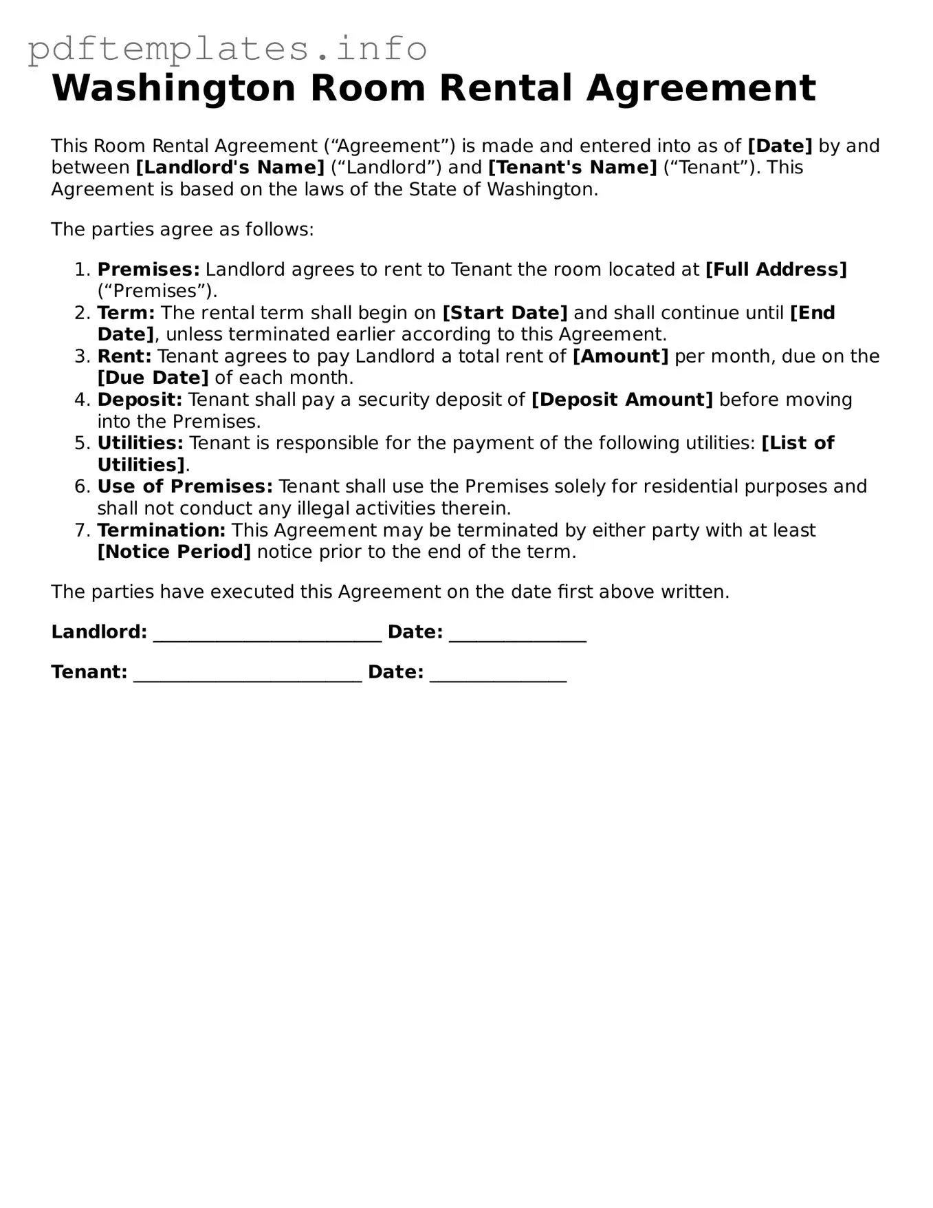 Blank Room Rental Agreement Form for Washington State
