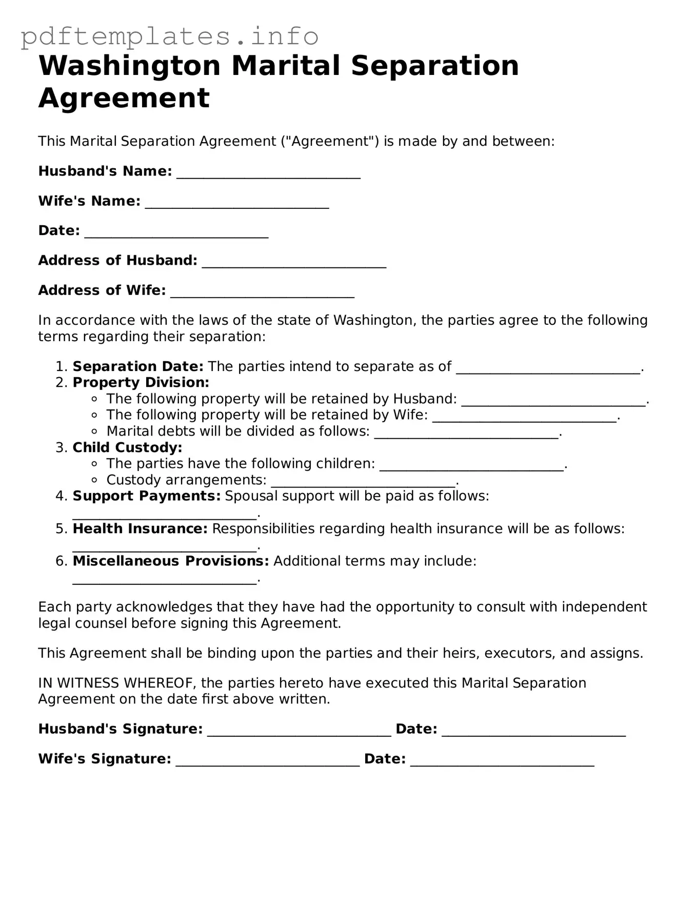 Blank Marital Separation Agreement Form for Washington State