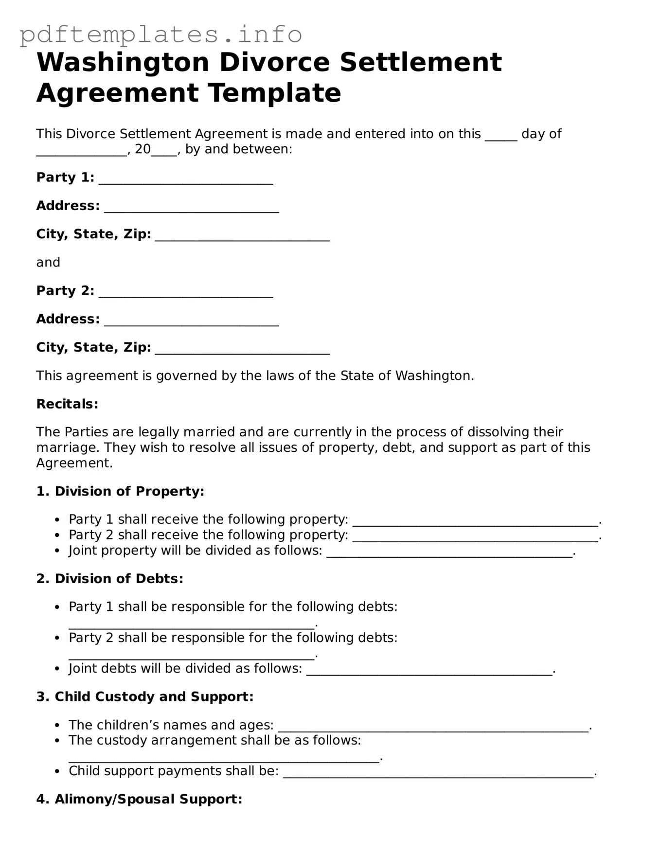 Blank Divorce Settlement Agreement Form for Washington State