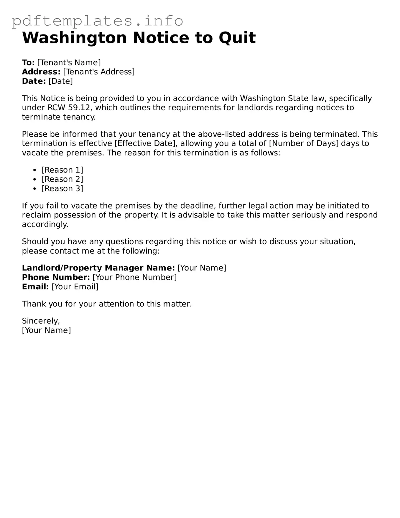 Blank Notice to Quit Form for Washington State