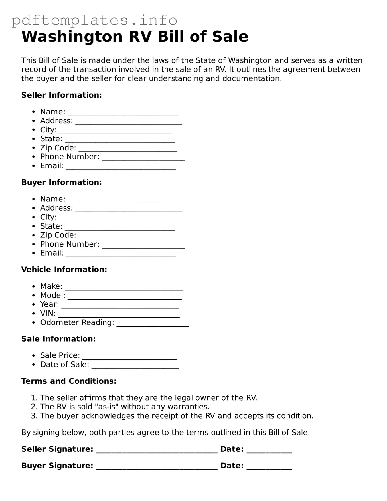 Blank RV Bill of Sale Form for Washington State