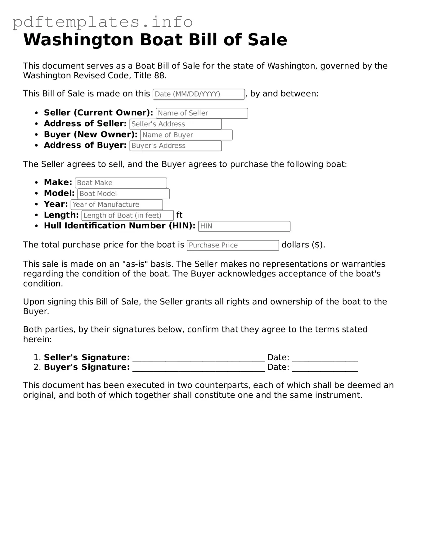 Blank Boat Bill of Sale Form for Washington State