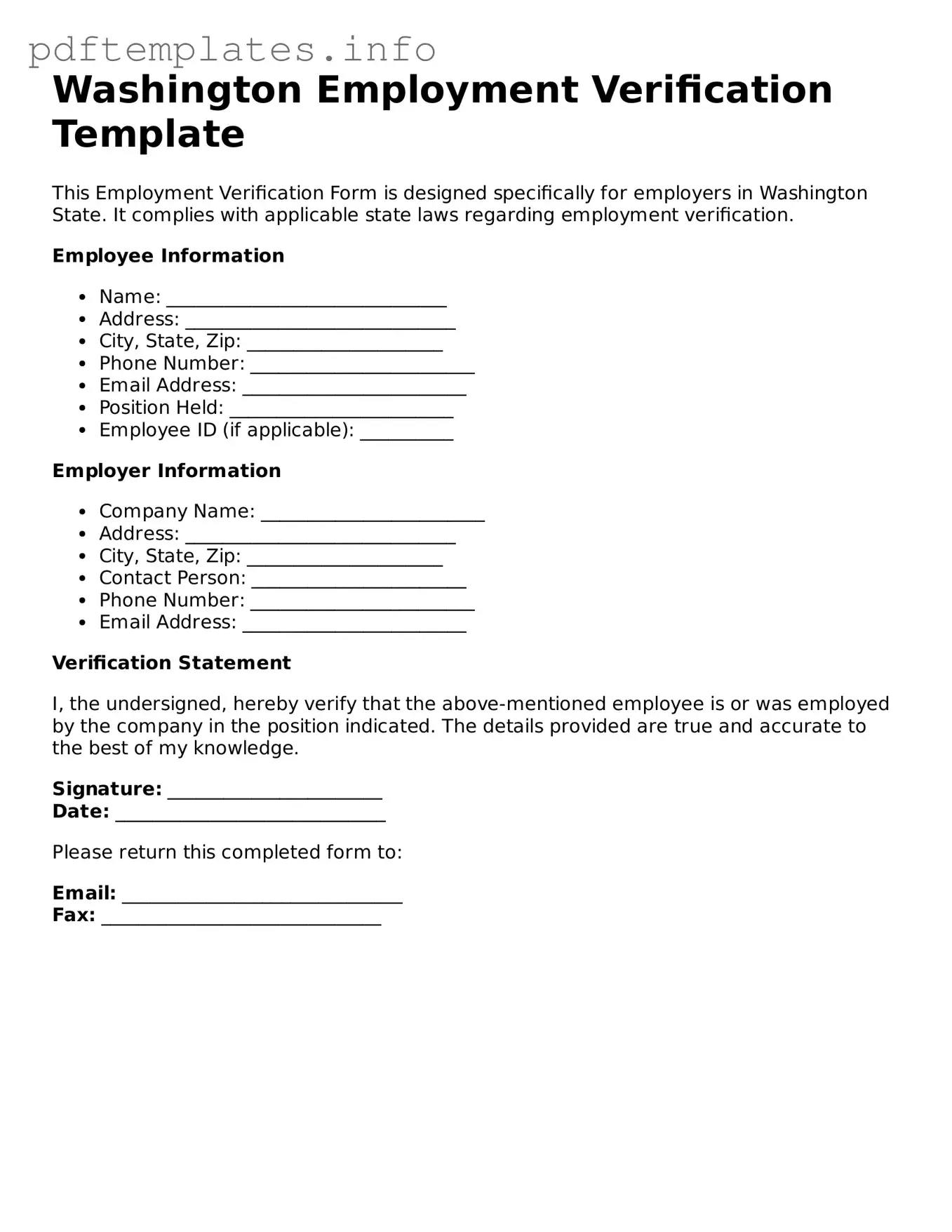 Blank Employment Verification Form for Washington State
