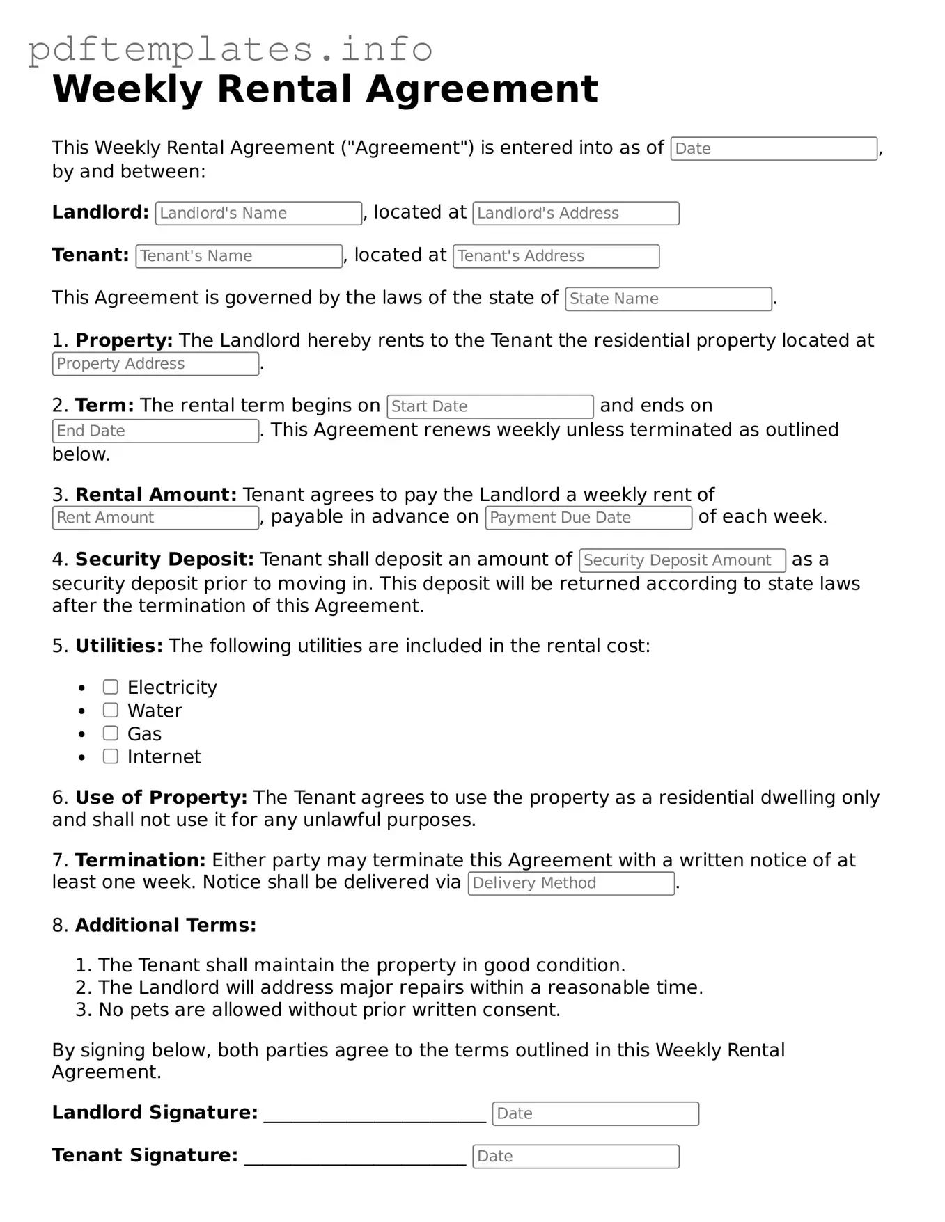 Printable Weekly Rental Agreement Form