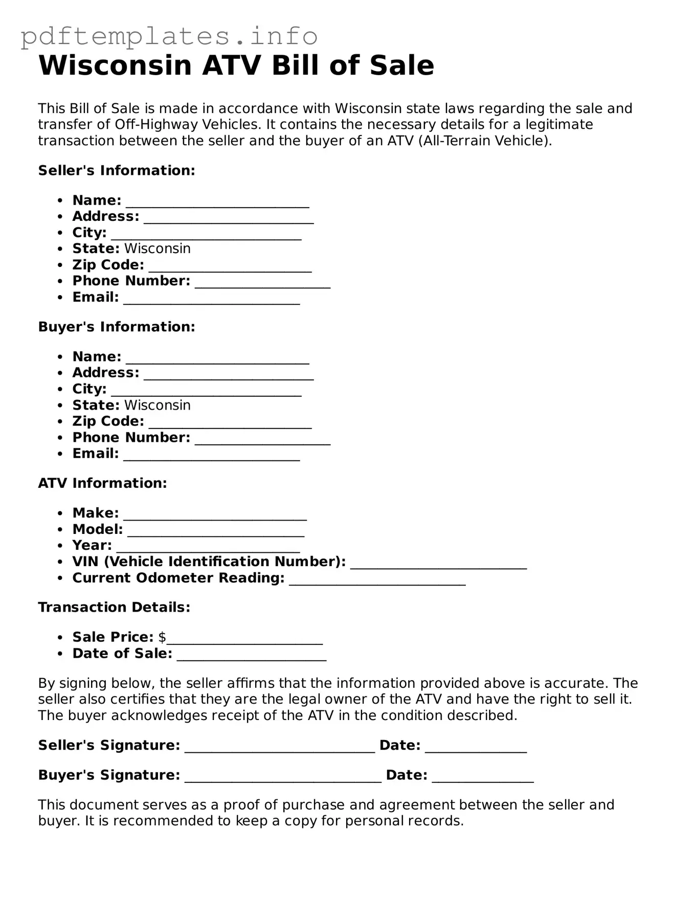 Blank ATV Bill of Sale Form for Wisconsin State