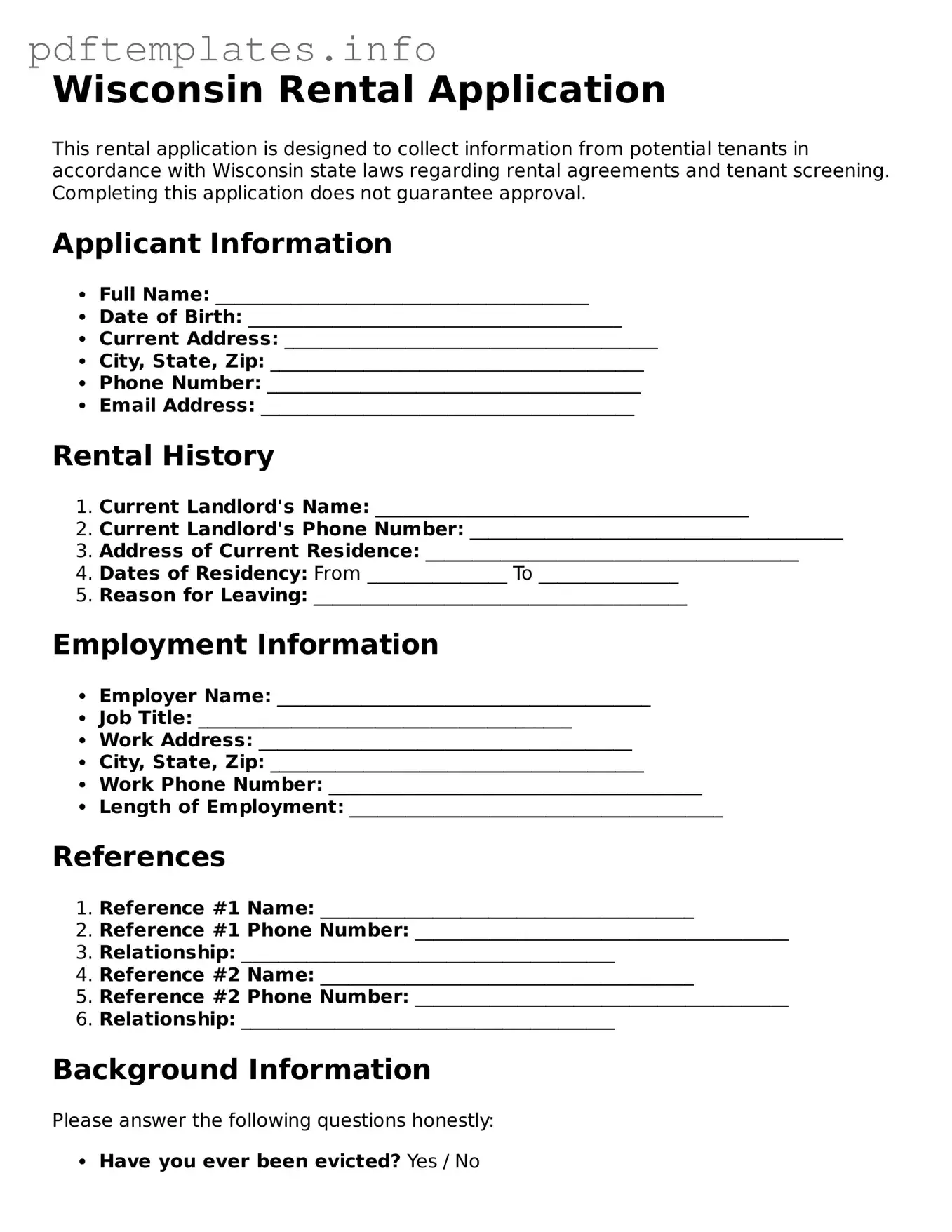 Blank Rental Application Form for Wisconsin State