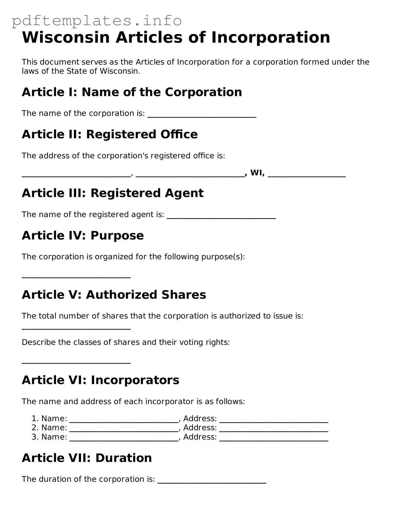 Blank Articles of Incorporation Form for Wisconsin State