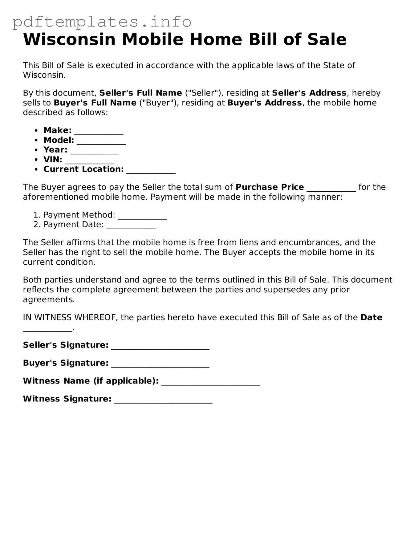 Blank Mobile Home Bill of Sale Form for Wisconsin State