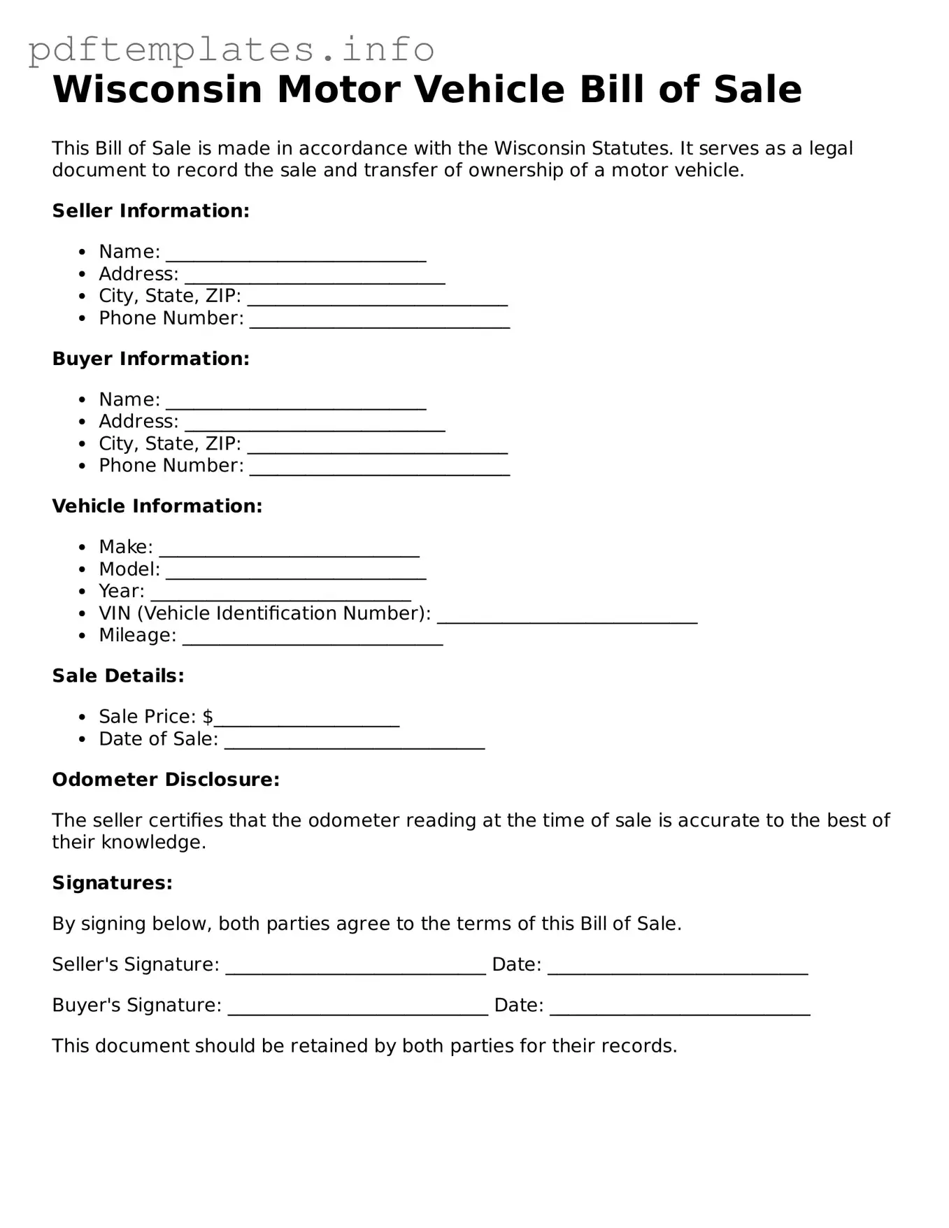 Blank Motor Vehicle Bill of Sale Form for Wisconsin State