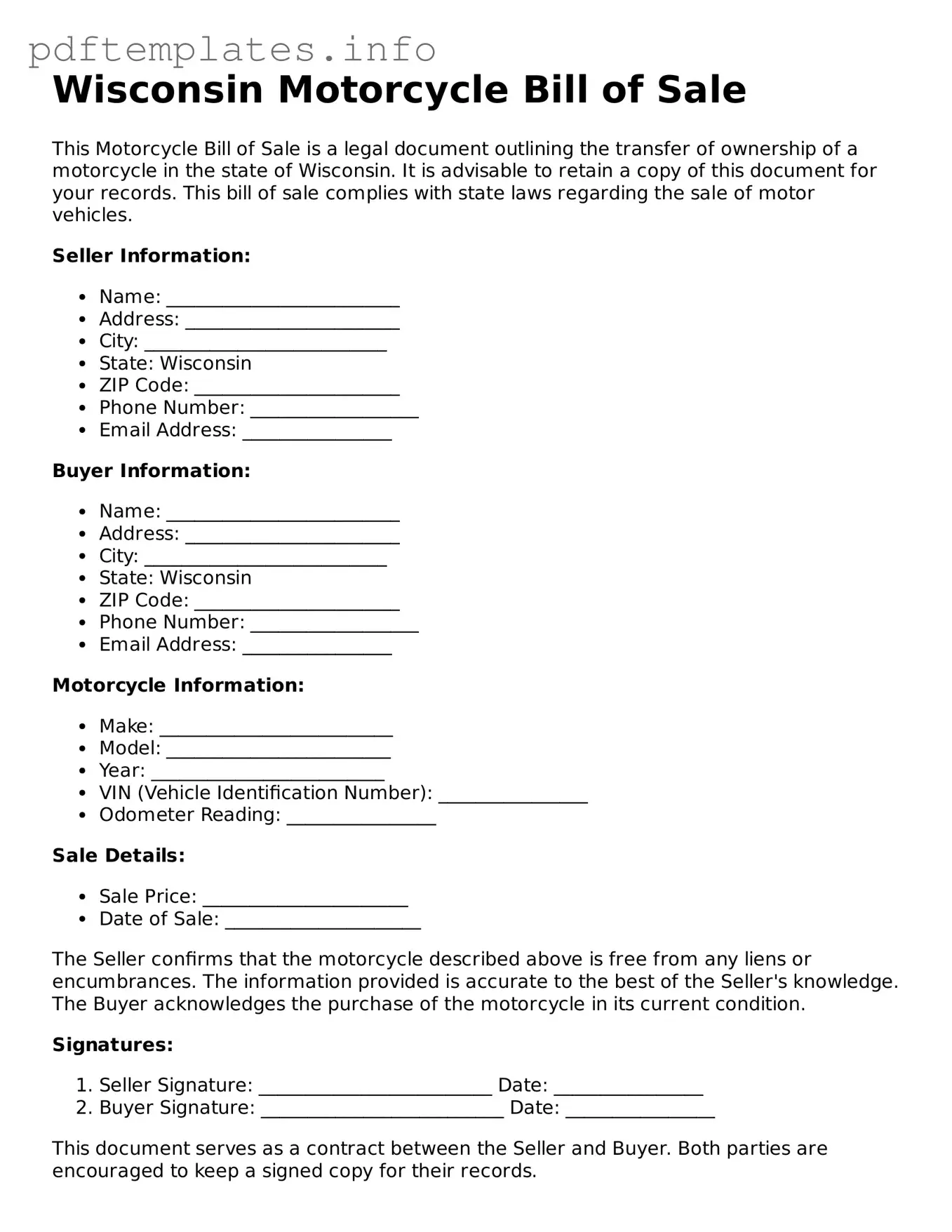 Blank Motorcycle Bill of Sale Form for Wisconsin State
