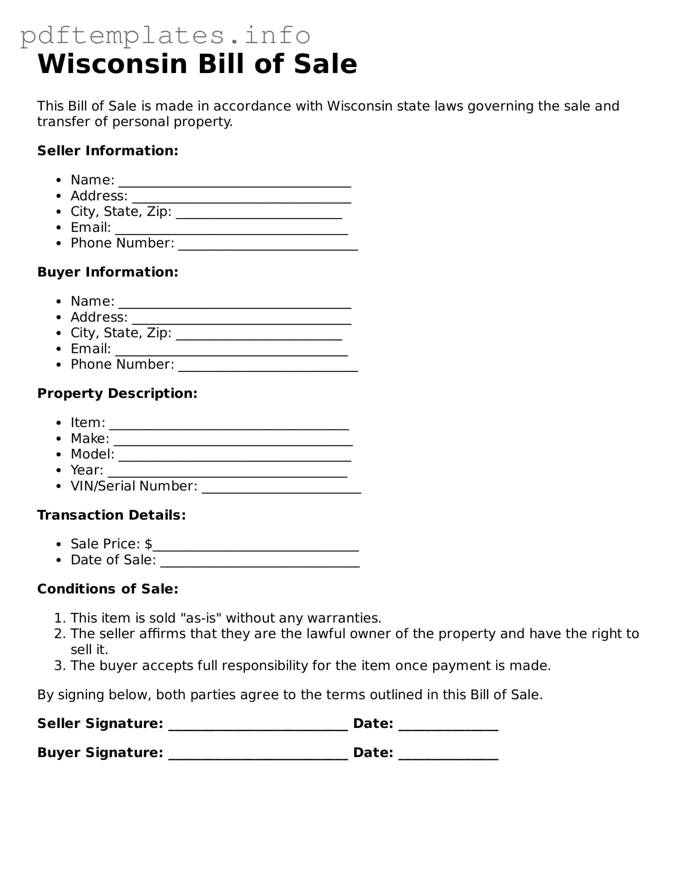 Blank Bill of Sale Form for Wisconsin State