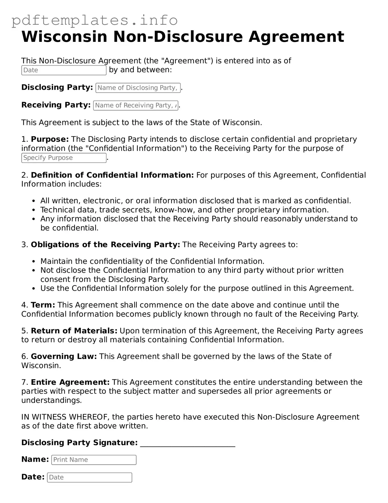 Blank Non-disclosure Agreement Form for Wisconsin State