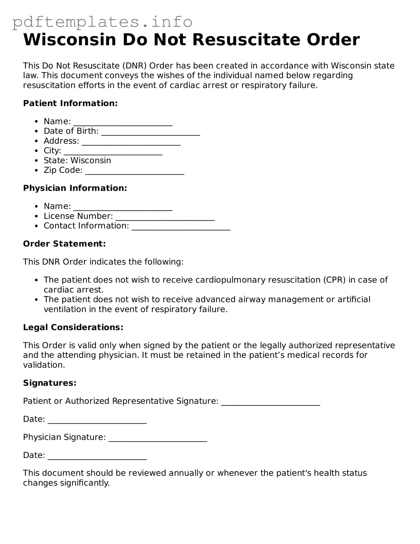 Blank Do Not Resuscitate Order Form for Wisconsin State