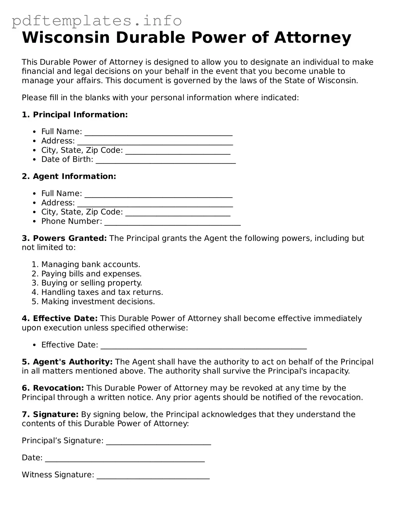 Blank Durable Power of Attorney Form for Wisconsin State