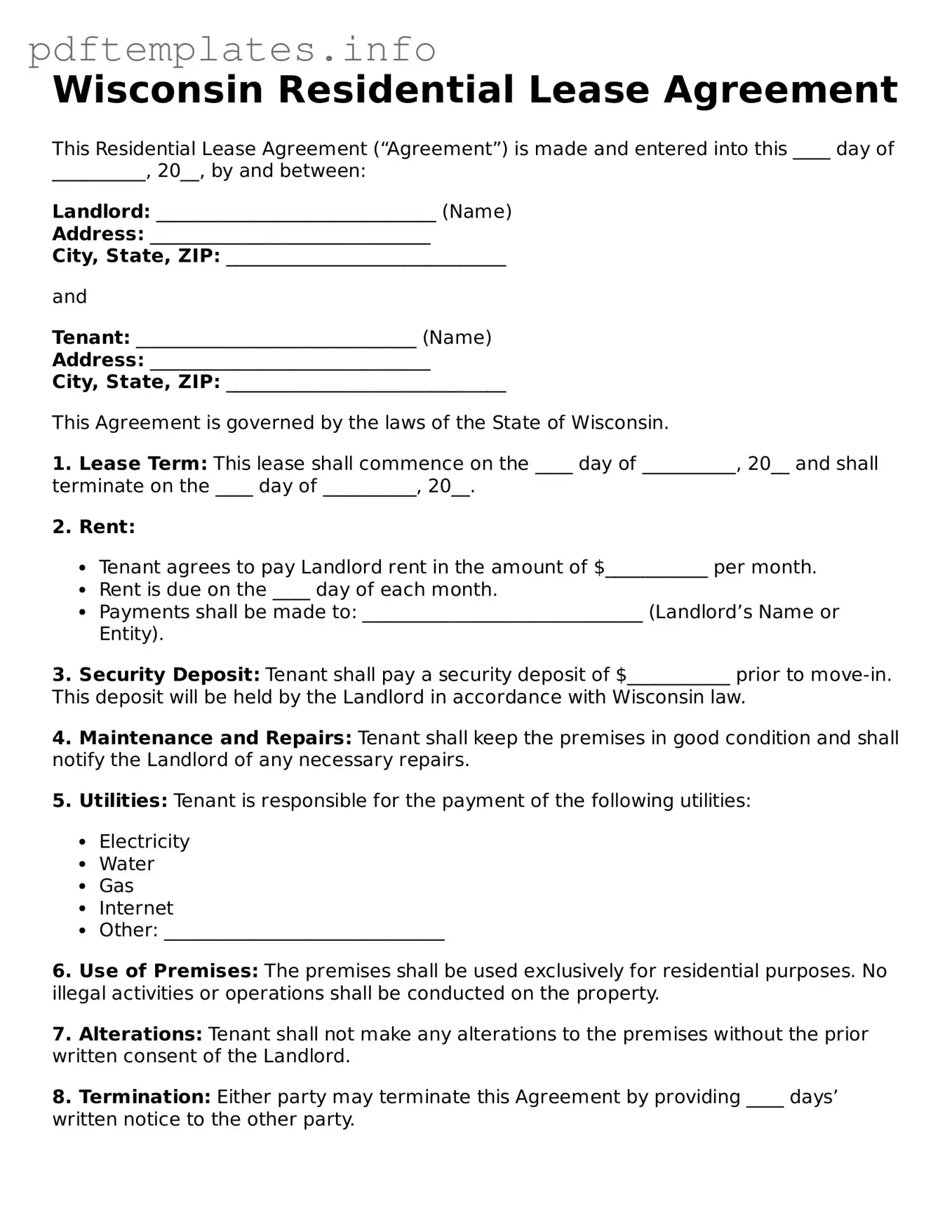 Blank Residential Lease Agreement Form for Wisconsin State