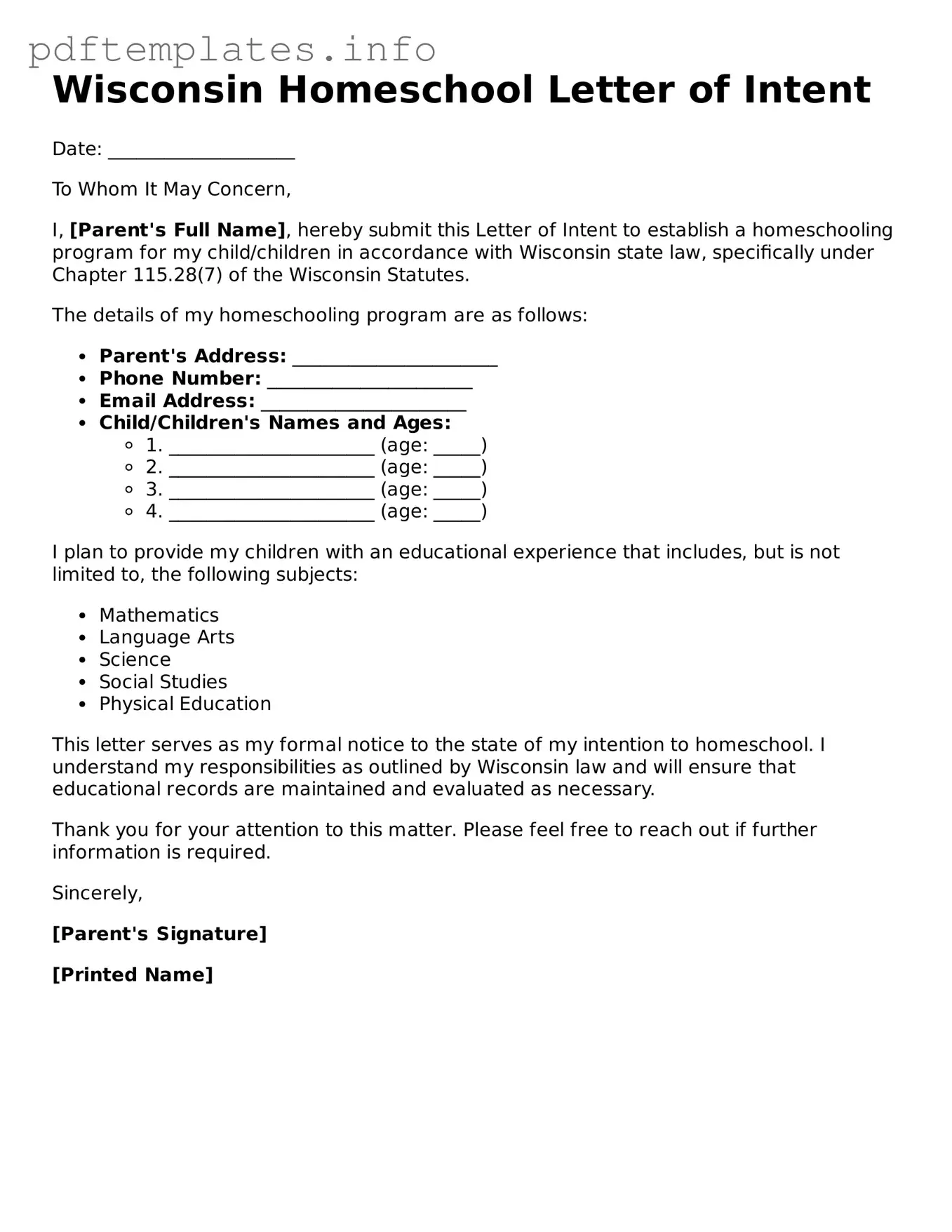 Blank Homeschool Letter of Intent Form for Wisconsin State