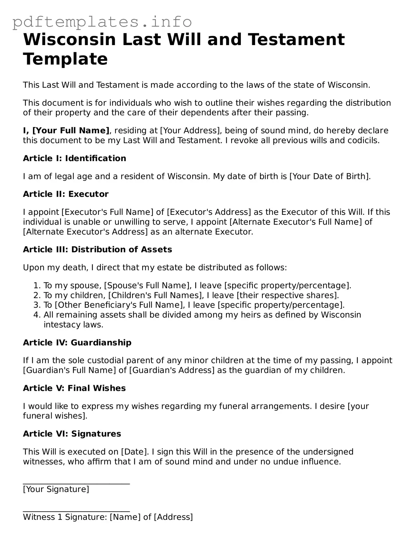 Blank Last Will and Testament Form for Wisconsin State