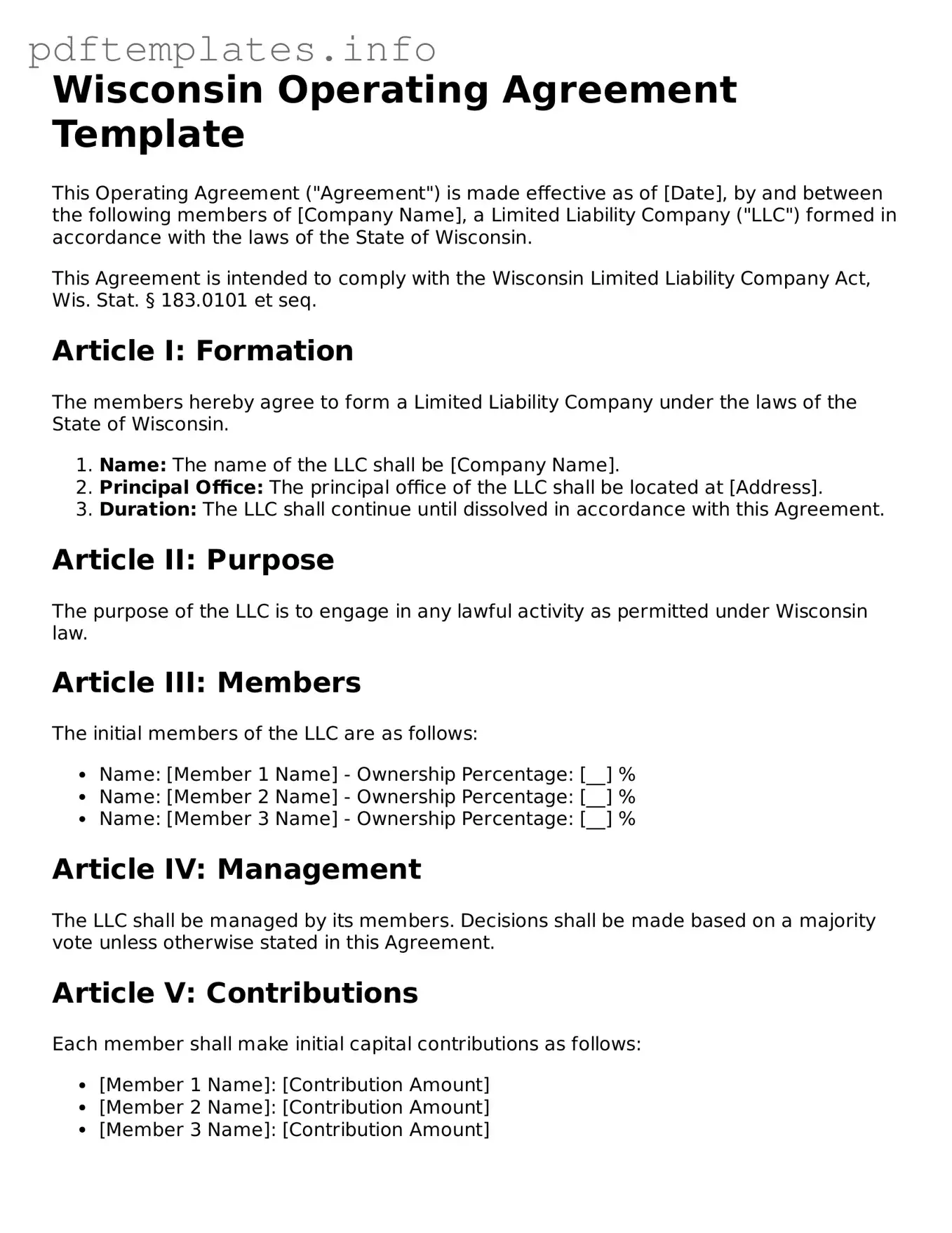 Blank Operating Agreement Form for Wisconsin State