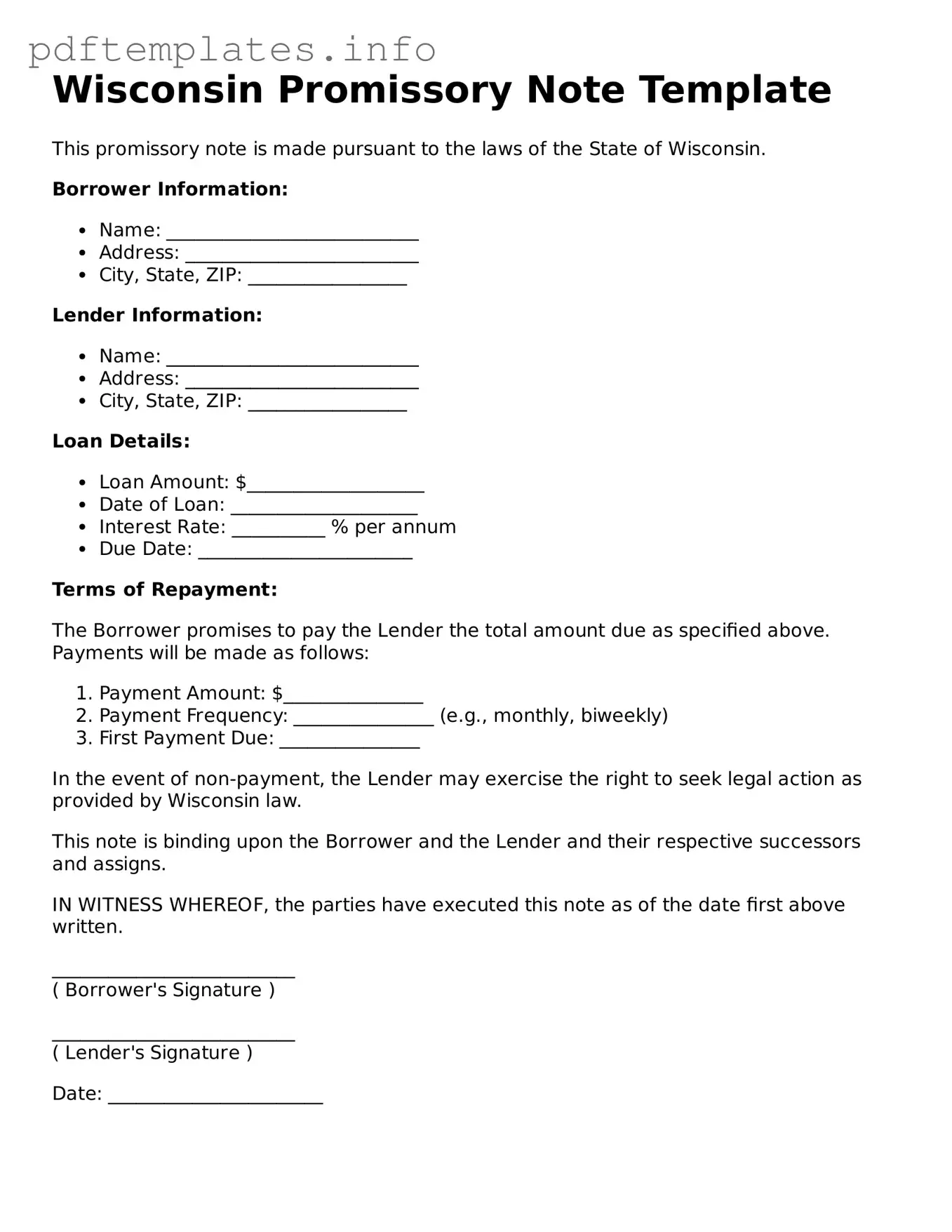 Blank Promissory Note Form for Wisconsin State