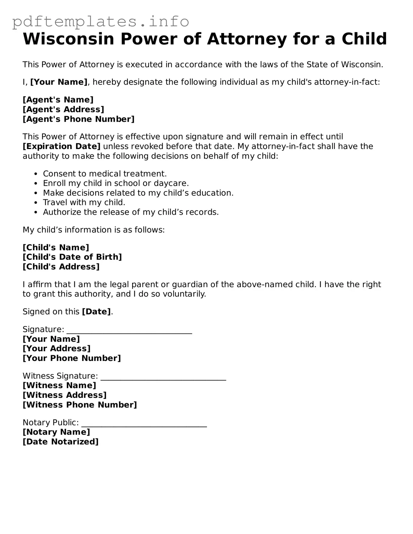 Blank Power of Attorney for a Child Form for Wisconsin State