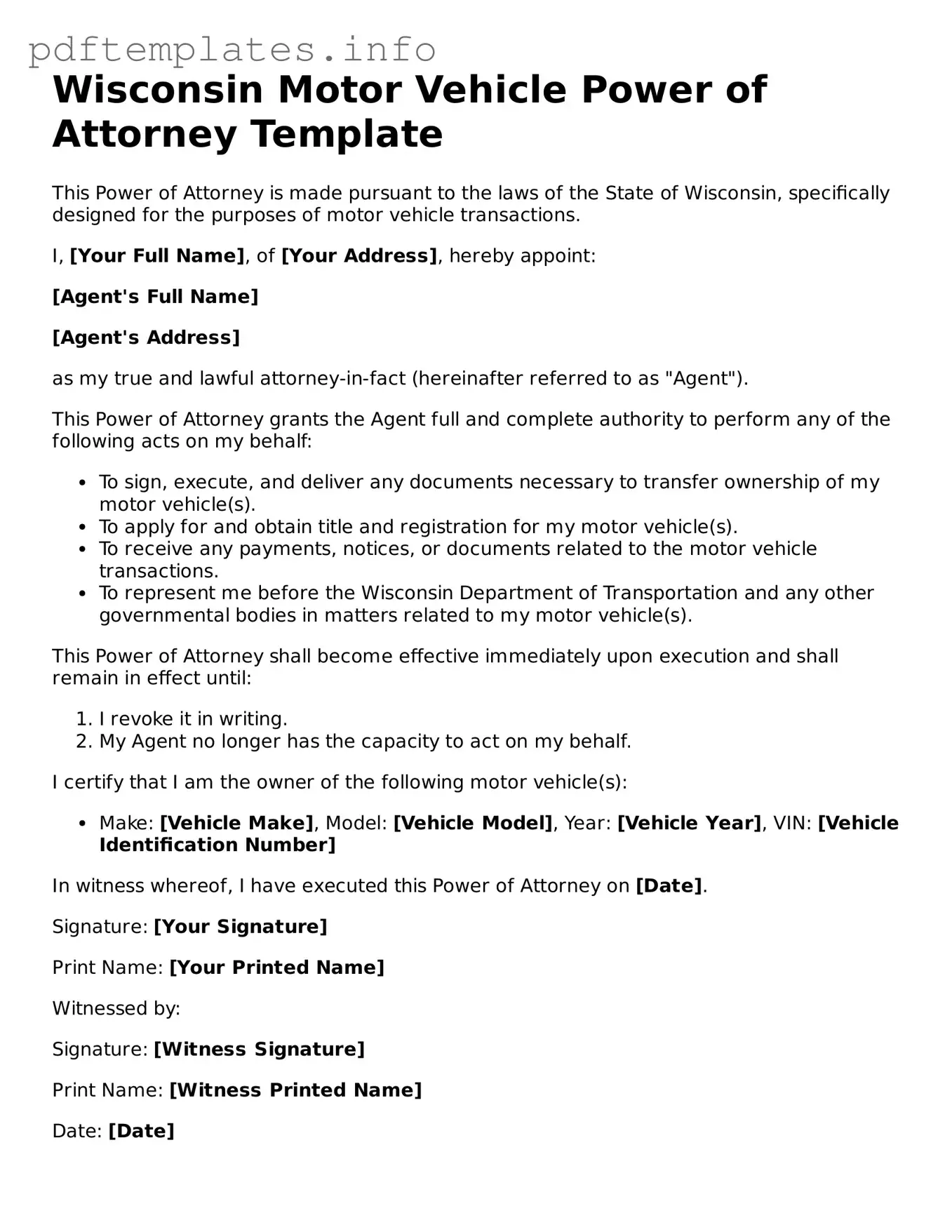 Blank Motor Vehicle Power of Attorney Form for Wisconsin State