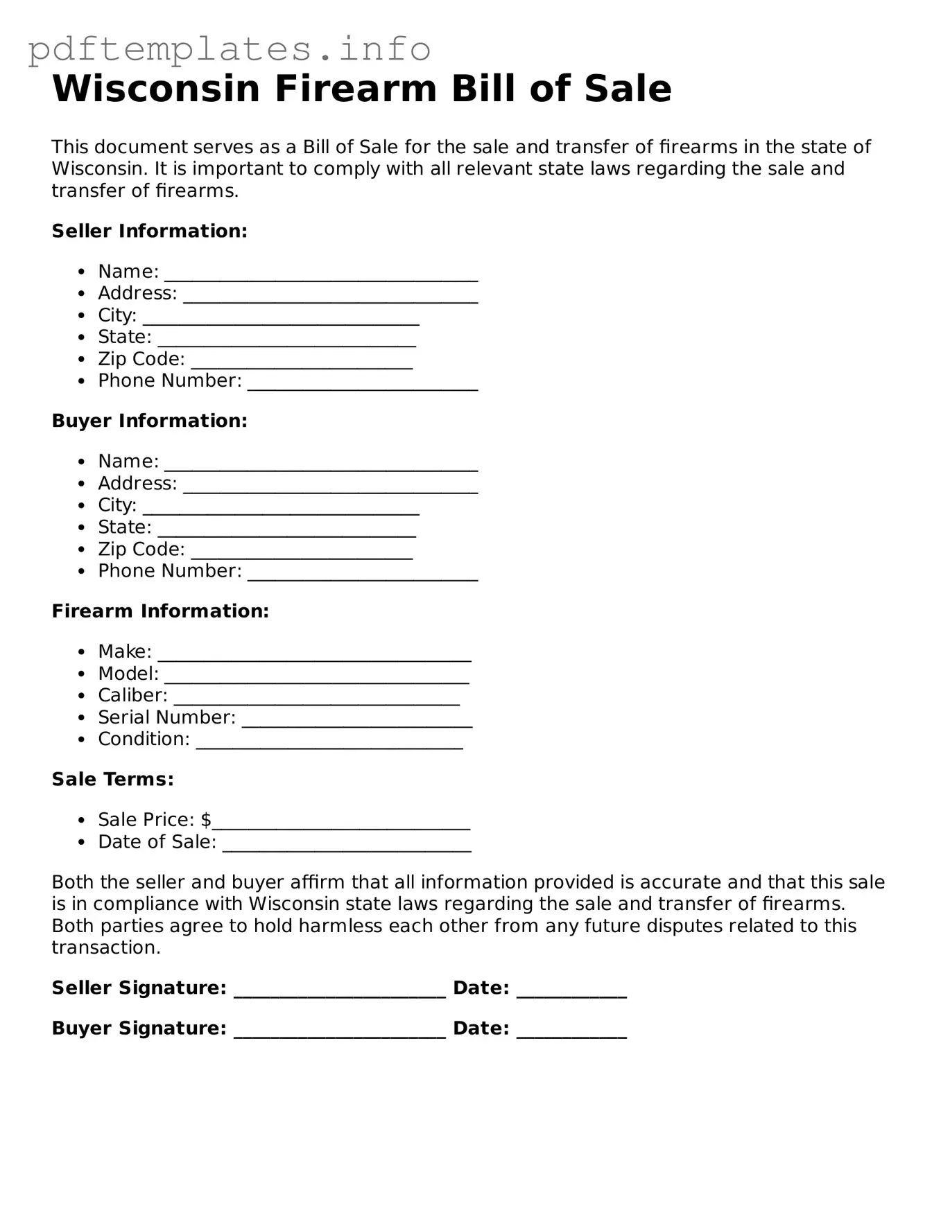Blank Firearm Bill of Sale Form for Wisconsin State