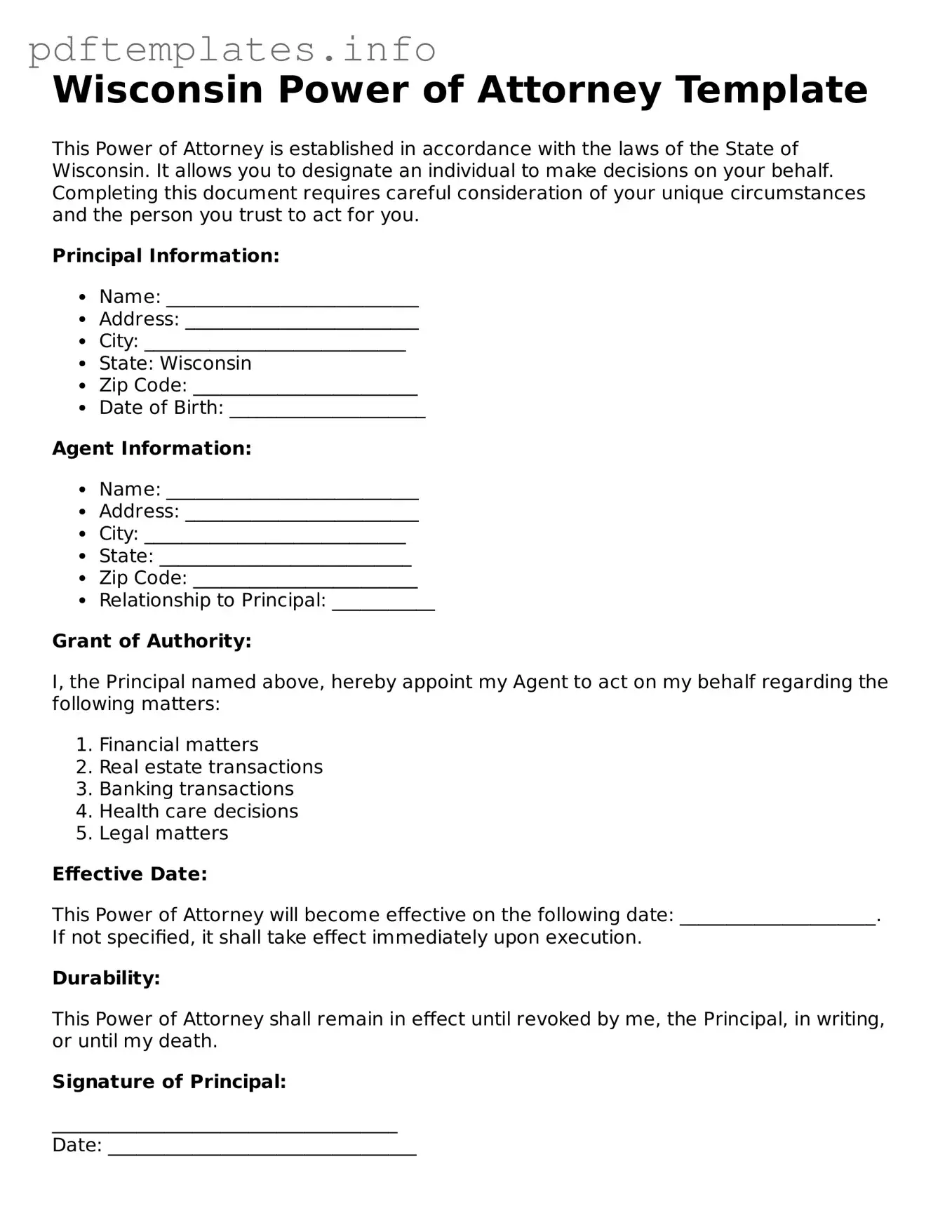 Blank Power of Attorney Form for Wisconsin State