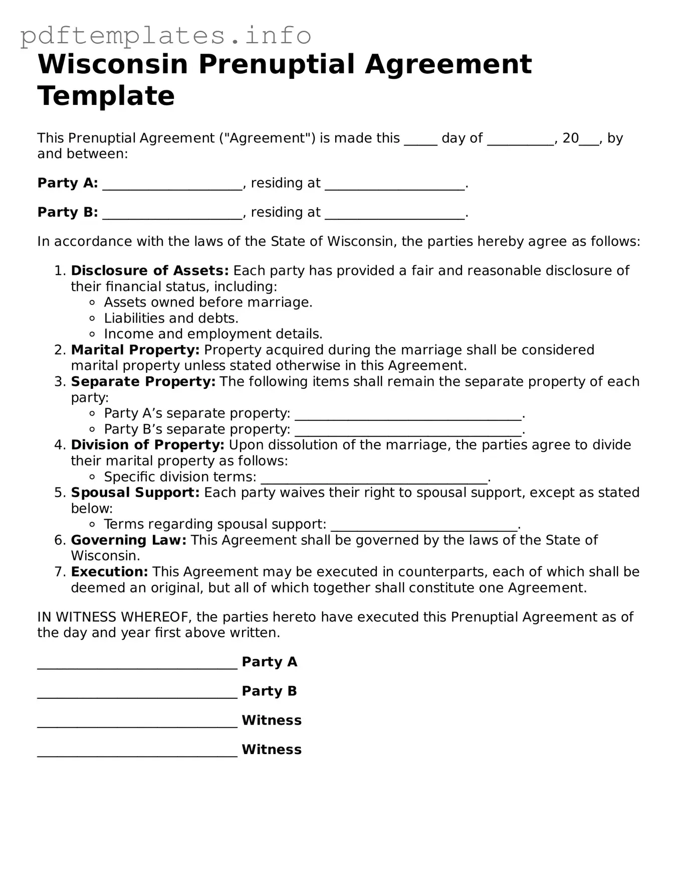 Blank Prenuptial Agreement Form for Wisconsin State