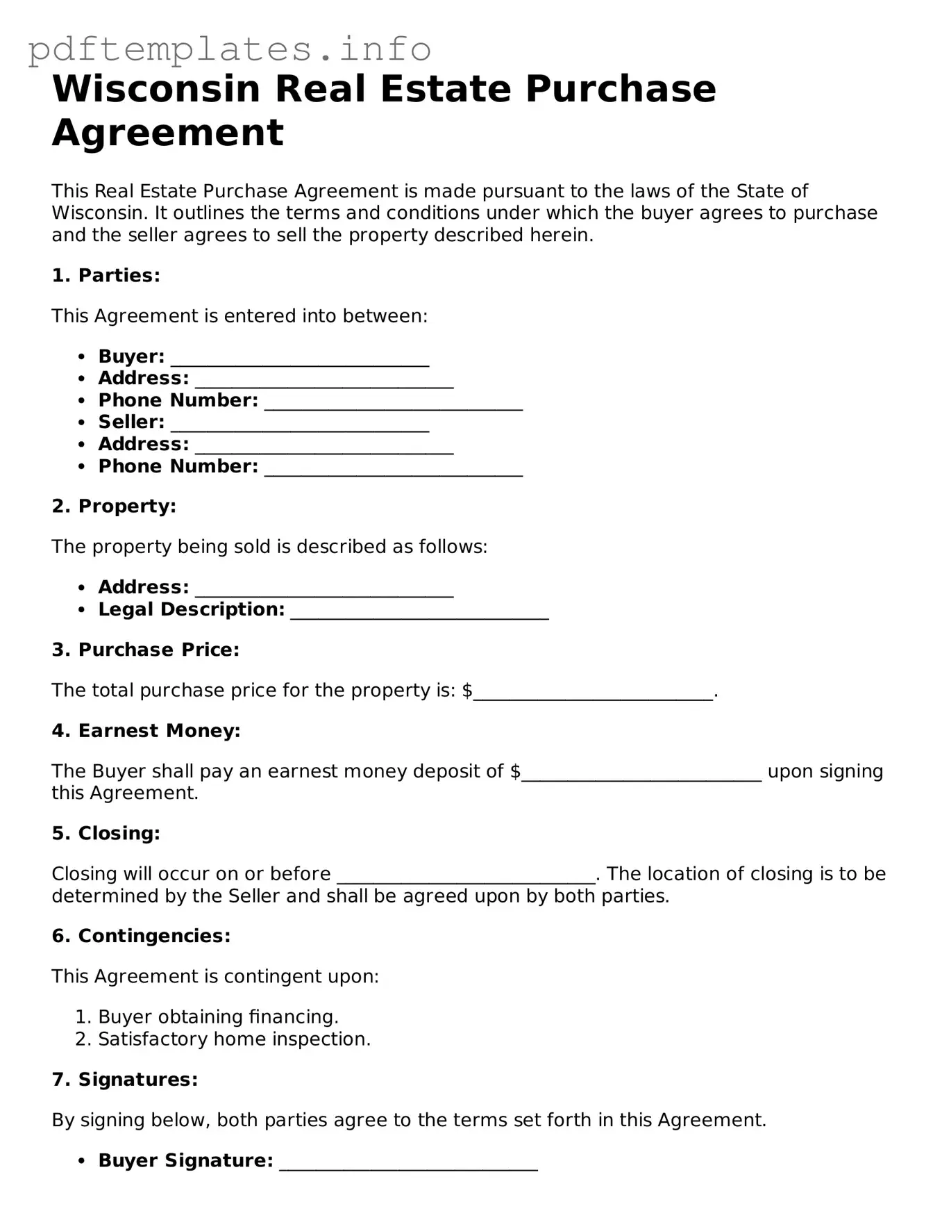 Blank Real Estate Purchase Agreement Form for Wisconsin State