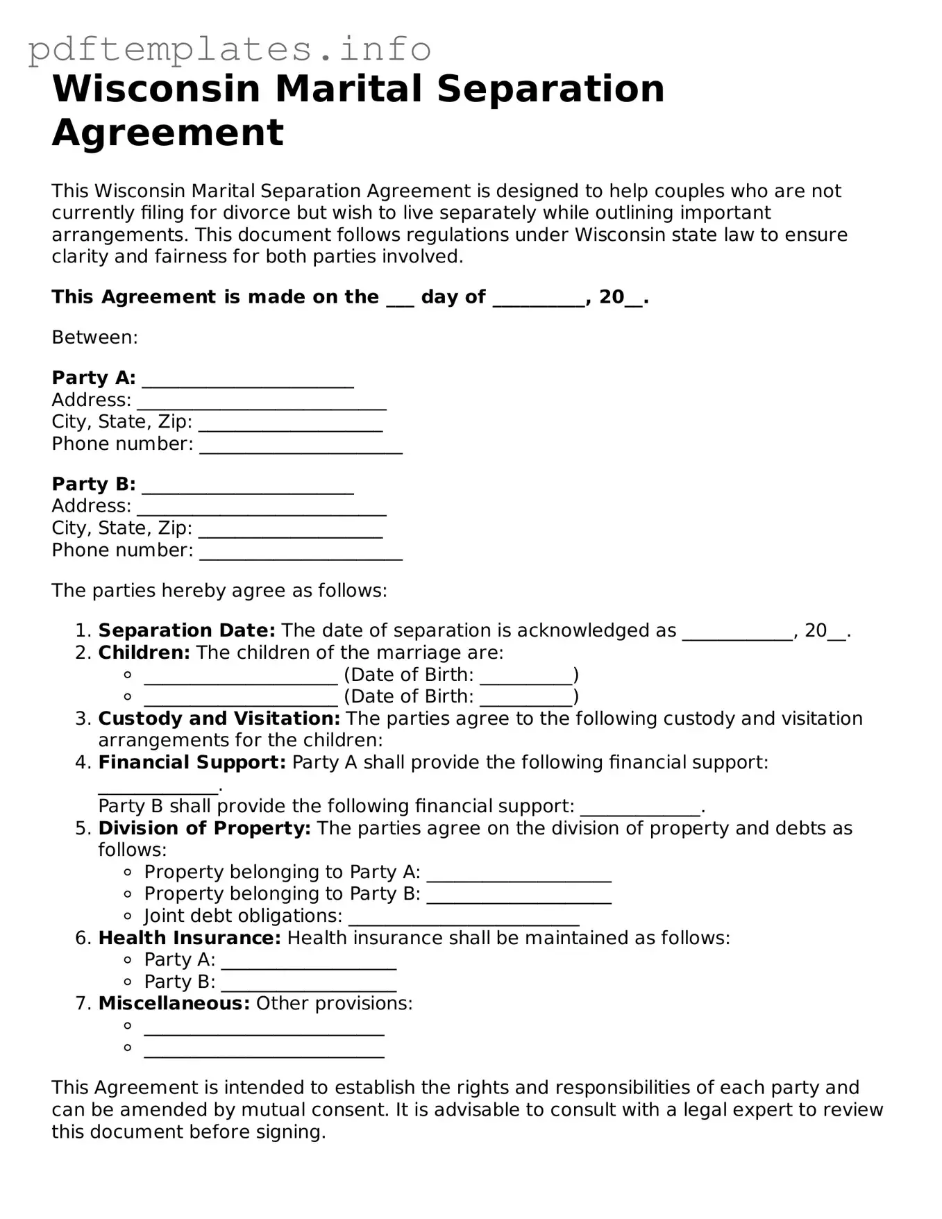 Blank Marital Separation Agreement Form for Wisconsin State